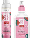 Hello Bello Watermelon Shampoo and Body Wash, 10 FL Oz and Conditioning Mist and Detangler, Hypoallergenic and Non-Greasy Leave-in Conditioning Spray, Vegan and Cruelty-Free, 6.7oz