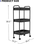3-Tier Metal Utility Rolling Cart, Multi-Functional Storage Trolley for Office, Living Room, Kitchen, Movable Storage Organizer with Wheels, Black