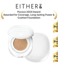 EITHER& Glow Pixel Cushion Foundation, Glowy Skincare, Korean Makeup, Natural Coverage, Moisturizing, Lightweight, Long Lasting Coverage for Flawless Skin (22.5P Dawn)