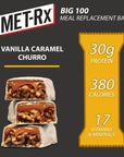 MET-Rx Big 100 Colossal Protein Bars, Vanilla Caramel Churro Meal Replacement Bars, Brown, 9 Count