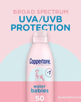 Coppertone WaterBabies Baby Sunscreen Spray SPF 50 (6 Oz) + Pure and Simple Baby Mineral Sunscreen Stick SPF 50 with Zinc Oxide, Tear Free (0.49 Oz) Hypoallergenic and Oxybenzone Free