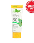 Alba Botanica Mineral Sunscreen Lotion SPF 50, Broad Spectrum, Fragrance Free, 3 Fl Oz (Packaging May Vary)