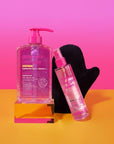 b.tan Clear Self Tanning Gel & Face Spray Kit | Glow Your Own Way Next Level + Gradual Facial Tan Mist Bundle - Dark, 1 Hour Express, Transfer-Resistant Fake Tanner, with Body Mitt Applicator