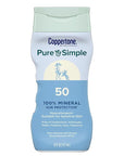 Coppertone Pure and Simple Zinc Oxide Mineral Sunscreen Lotion SPF 50, Water Resistant Sunscreen for Sensitive Skin, Hypoallergenic and Fragrance Free, 6 Fl Oz Bottle