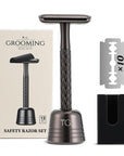 Double Edge Safety Razor for Men with Stand and Silicone Cover - Durable Metal Eco-Friendly Single Blade Safety Razor with 10 Blades - Closed Smooth Shave Matte Black