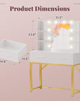 Furmax Vanity Desk with Mirror and LED Light Bulb, Small Makeup Vanity Table with Drawers, Dressing Table with Power Outlet and Hair Drayer Holder for Bedroom (White & Gold)