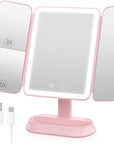 Rechargeable Trifold Makeup Mirror with Lights, 1X/3X/5X Magnification, Cordless 3-Color LED Vanity Mirror for Travel & Desk, Up to 20H Use, Ideal Gift for Women & Teens - Pink