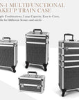 Professional Rolling Makeup Case with Wheels, 5-in-1 Makeup Train Case, Cosmetic Makeup Trolley Cart Travel Cosmetology Case On Wheels with Key for Hairstylists, Nail Tech(Black Crystal)