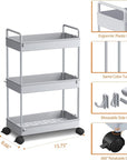 Ronlap 3 Tier Slim Rolling Storage Cart with Wheels Plastic Utility Cart Organizer for Snack Craft Art Postpartum Baby Diaper Nail Makeup in Bathroom Laundry Room Kitchen Bedside Narrow Space, Grey