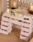 COMHOMA Vanity Desk with Large Mirror,15 LED Bulbs and Power Outlet,Makeup Table with 9 Storage Drawers and HD Mirrors,3 Color Modes Adjustable Lighting for Bedroom Dressing Room (Pink, 47inch)