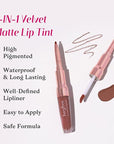 2-IN-1 Lip Liner and Lip Stain, High Pigmented Long Lasting Velvet Lip Tint, Well-Defined Lipliner, Weightless Waterproof Not Animal Tested, Matte Finish Makeup