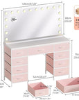 COMHOMA Vanity Desk with Large Mirror,15 LED Bulbs and Power Outlet,Makeup Table with 9 Storage Drawers and HD Mirrors,3 Color Modes Adjustable Lighting for Bedroom Dressing Room (Pink, 47inch)