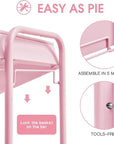 TOOLF 3-Tier Metal Rolling Cart with Wheels, Storage Utility Organizer Cart for Kitchen, Bathroom, Office, Baby Essentials & Makeup - Lockable Casters, Easy Assembly, Large Capacity, Pink