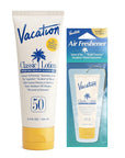 Vacation Classic Sunscreen Lotion SPF 50 & Air Freshener Bundle, Water-Resistant, Lightweight, Transparent on All Skin Tones, Dermatologist-Tested, Vegan, Travel Size, 3.4 Fl. Oz.