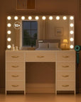 COMHOMA Vanity Desk with Large Mirror,15 LED Bulbs and Power Outlet,Makeup Table with 9 Storage Drawers and HD Mirrors,3 Color Modes Adjustable Lighting for Bedroom Dressing Room (White, 47inch)