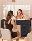 COMHOMA Vanity Desk with Large Mirror,15 LED Bulbs and Power Outlet,Makeup Table with 9 Storage Drawers and HD Mirrors,3 Color Modes Adjustable Lighting for Bedroom Dressing Room (Black, 47inch)