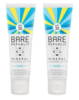 Bare Republic Mineral Face Sunscreen Lotion. Lightweight, Unscented and Water-Resistant Face Moisturizer, 1.7 Oz, 2 Pack, Packaging May Vary
