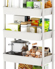 Sywhitta 5-Tier Plastic Rolling Utility Cart with Handle, Multi-Functional Storage Trolley for Office, Living Room, Kitchen, Movable Storage Organizer with Wheels, White