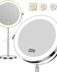 Makeup Mirror with Lights, 1x/20x 360ยฐ Rotation Vanity Mirror, Brightness Adjustable Lighted Makeup Mirror with Magnification, 5000 mAh Rechargeable Double Sided Mirror with 3 Colors, Gift for Women
