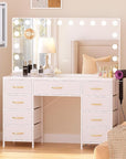 COMHOMA Vanity Desk with Large Mirror,15 LED Bulbs and Power Outlet,Makeup Table with 9 Storage Drawers and HD Mirrors,3 Color Modes Adjustable Lighting for Bedroom Dressing Room (White, 47inch)