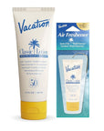 Vacation Classic Sunscreen Lotion SPF 50 + Air Freshener Bundle, Water Resistant Broad Spectrum Sunscreen Sun Block, Vegan Sun Tanning Lotion, Body Lotion with SPF, SPF 50 Sunscreen, 3.4 Fl. Oz.