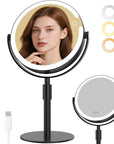 Makeup Mirror with Lights, 8" Double Sided 1x/10x Magnifying Vanity Mirror with 3 Color Lights, Rechargeable, 360° Rotation and Adjustable Height, Gift for Women Her