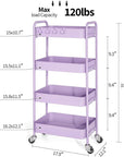 TOOLF 4-Tier Metal Rolling Cart with Wheels, Storage Utility Organizer Cart for Kitchen, Bathroom, Office, Baby Essentials & Makeup - Lockable Casters, Easy Assembly, Large Capacity, Purple