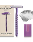 Double Edge Safety Razor for Women Purple with 10 Blades and Silicone Cover - Durable Metal Eco-Friendly Single Blade Razor - Closed Smooth Shave