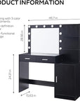 MIRROTOWEL 46.7" Vanity Desk with Mirror & LED Lights, Dressing Table with 2 Large Drawers & Vertical Organizer, 3-Tier Storage, 3 Adjustable Lighting Modes, Makeup Desk for Bedroom