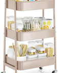 EAGMAK 3 Tier Rolling Cart, Large Metal Storage Cart with Handle and Lockable Wheels, Big Multifunctional Storage Organizer Trolley with Mesh Baskets for Kitchen, Living Room, Office, Garage (Beige)