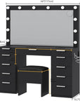 DWVO Makeup Vanity Desk, 46" Vanity Set with Mirror and Lights, 11 Storage Drawer, Power Outlet, Chair, Makeup Table Set with Magnifying Glass