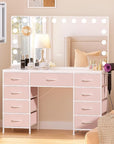 COMHOMA Vanity Desk with Large Mirror,15 LED Bulbs and Power Outlet,Makeup Table with 9 Storage Drawers and HD Mirrors,3 Color Modes Adjustable Lighting for Bedroom Dressing Room (Pink, 47inch)