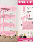 Goovilla Rolling Makeup Organizer Cart with Removable Drawer, 4 Tier Stable Pink Floor Skincare Storage Cart for Vanity, Cosmetic Display, Nail Polish, Perfume, Hair Stuff, Beauty, Bathroom(Plastic)