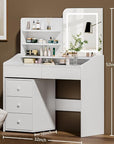 White Makeup Vanity Desk with LED Mirror & Movable Storage Cabinet, 3-Tier Open Shelves, 5 Drawers, Adjustable 3-Color Lighting for Bedroom