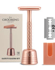 Double Edge Safety Razor for Women Rose Gold with Stand and Silicone Cover - Durable Metal Eco-Friendly Single Blade Safety Razor with 10 Blades- Closed Smooth Shave