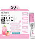TEAZEN Peach Kombucha Tea, Hydration Drink Mix, Sugar Free, Live Probiotics & Prebiotics, 30 Sticks, 5.29oz