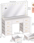 COMHOMA Vanity Desk with Large Mirror,15 LED Bulbs and Power Outlet,Makeup Table with 9 Storage Drawers and HD Mirrors,3 Color Modes Adjustable Lighting for Bedroom Dressing Room (White, 47inch)