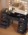 COMHOMA Vanity Desk with Large Mirror,15 LED Bulbs and Power Outlet,Makeup Table with 9 Storage Drawers and HD Mirrors,3 Color Modes Adjustable Lighting for Bedroom Dressing Room (Black, 35inch)