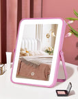 Pink Rechargeable Vanity Mirror with Lights, 10"×7" LED Makeup Mirror with Lights, Smart Touch Control Dimmable 3 Modes Light, Lighted Up Mirror for Makeup Desk, Bedroom, Dressing Room