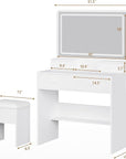 Haewon Makeup Vanity Desk with Mirror, Lights and Charging Station, White Vanity with 3 Lighting Modes, Dressing Table Set with 4 Drawers and Storage Chair for Bedroom