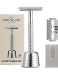 Double Edge Safety Razor for Men with Stand and Silicone Cover - Durable Metal Eco-Friendly Single Blade Safety Razor with 10 Blades- Closed Smooth Shave (Silver)