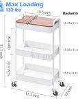 TOOLF 3-Tier Rolling Cart with Table Top, Metal Storage Cart on Wheels, Utility Organizer with Wooden Tray, Lockable Casters, Easy Assembly for Bathroom, Living Room, Office, Kitchen, White