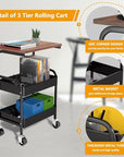 Rolling Cart with Wooden Tabletop, 3 Tier Metal Utility Cart, Rolling Storage Organizer Cart with Lockable Wheels for Kitchen, Office, Bedroom (Black)