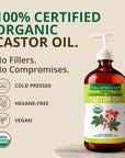 RejuveNaturals Castor Oil (16oz Glass Bottle) USDA Certified Organic, 100% Pure, Cold Pressed, Hexane Free. Boost Hair Growth for Thicker, Fuller Hair, Lashes & Eyebrows.