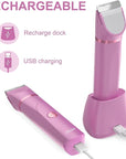 OLOV Electric Body Hair Trimmer - Groin Trimmer for Men - Bikini Trimmer Women - Wet/Dry Shaver Groomer, Replaceable Ceramic Blade Heads, USB Recharge Dock, Waterproof Hygiene Razor, Pink