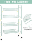 TOOLF 4-Tier Rolling Cart, Metal Utility Cart with 3 Hooks, Easy Assemble Mobile Storage Trolley On Wheels, Metal Shelving Units Kitchen Bathroom Laundry Room