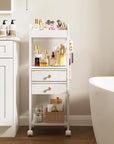 Floor Makeup Organizer with Lockable Wheels & 8 Dividers, 2-Drawer Rolling Skincare Cart for Cosmetics/Perfume/Nail Polish, Mobile Vanity Storage - White (Bathroom/Bedroom Use)