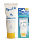 Vacation Classic Sunscreen Lotion SPF 30 + Air Freshener Bundle, Water Resistant Broad Spectrum Sunscreen Sun Block, Vegan Sun Tanning Lotion, Body Lotion with SPF, SPF 30 Sunscreen, 3.4 Fl. Oz.