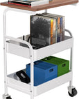 Rolling Cart with Wooden Tabletop, 3 Tier Metal Utility Cart, Rolling Storage Organizer Cart with Lockable Wheels for Kitchen, Office, Bedroom (White)