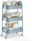 3 Tier Utility Rolling Cart, EAGMAK Metal Storage Cart with Handle and Lockable Wheels, Multifunctional Storage Organizer Trolley with Mesh Baskets for Kitchen, Living Room, Office, Garage (Blue)